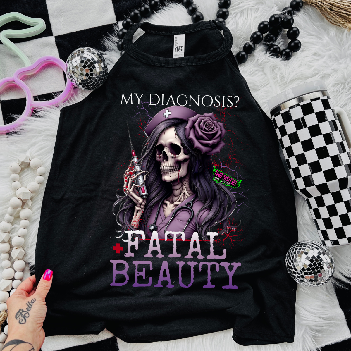 *EXCLUSIVE*My Diagnosis? Fatal Beauty - Nurse Theme - Black Mineral Wash TShirt, Black Rocker Tank, Sweatshirt, Hoodie, or Zip Up Hoodie