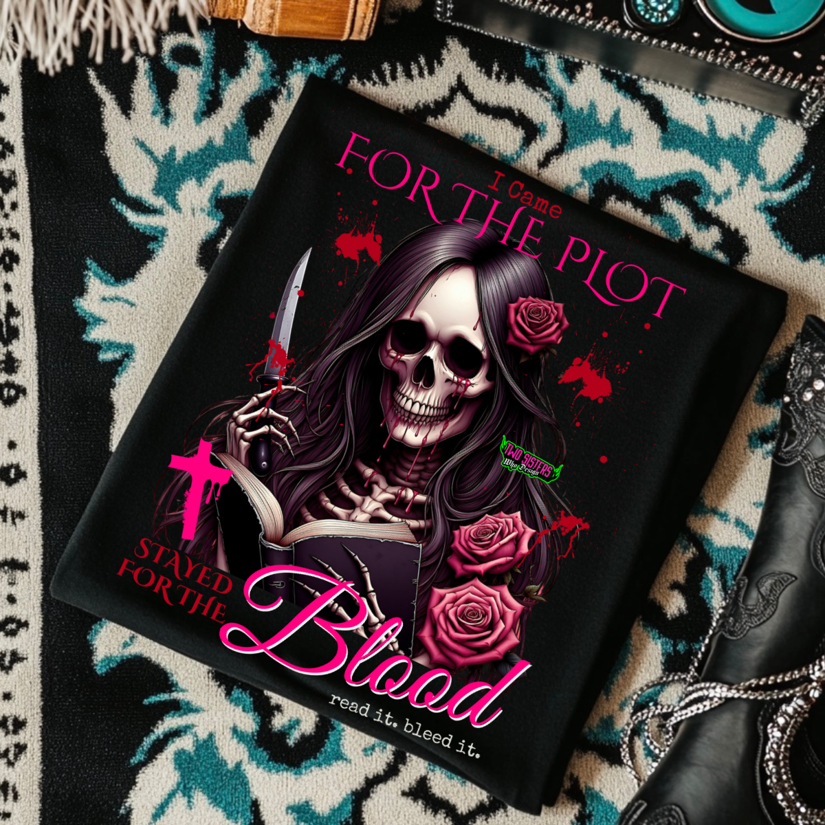 *EXCLUSIVE*I Came for the Plot, But Stayed for the Blood. Read It. Bleed It. - Black Mineral Wash TShirt, Black Rocker Tank, Sweatshirt, Hoodie, or Zip Up Hoodie