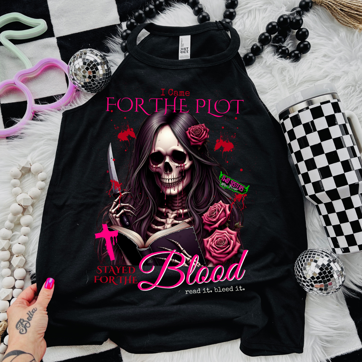 *EXCLUSIVE*I Came for the Plot, But Stayed for the Blood. Read It. Bleed It. - Black Mineral Wash TShirt, Black Rocker Tank, Sweatshirt, Hoodie, or Zip Up Hoodie