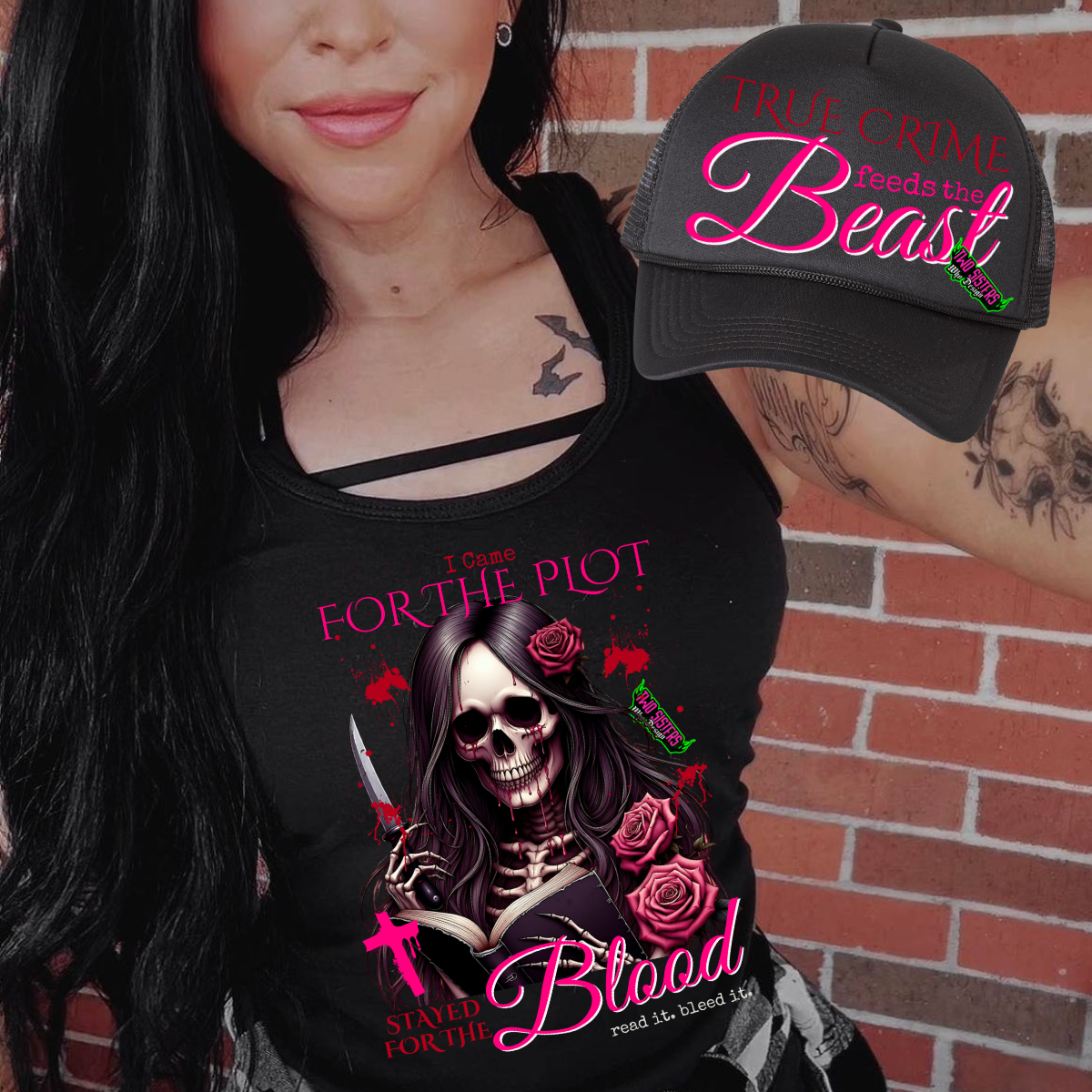 LIMITED EDITION: I Came for the Plot, But Stayed for the Blood, Read it. Bleed It. Racerback Tank Top + Biker Shorts + Trucker Hat Bundle