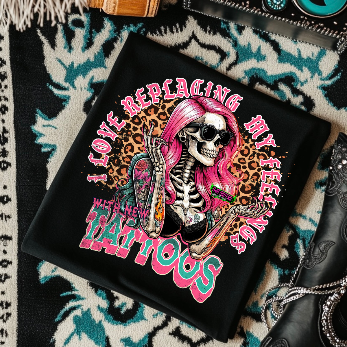 I Love Replacing My Feelings With Tattoos - Black Mineral Wash TShirt, Black Rocker Tank, Sweatshirt, Hoodie, or Zip Up Hoodie