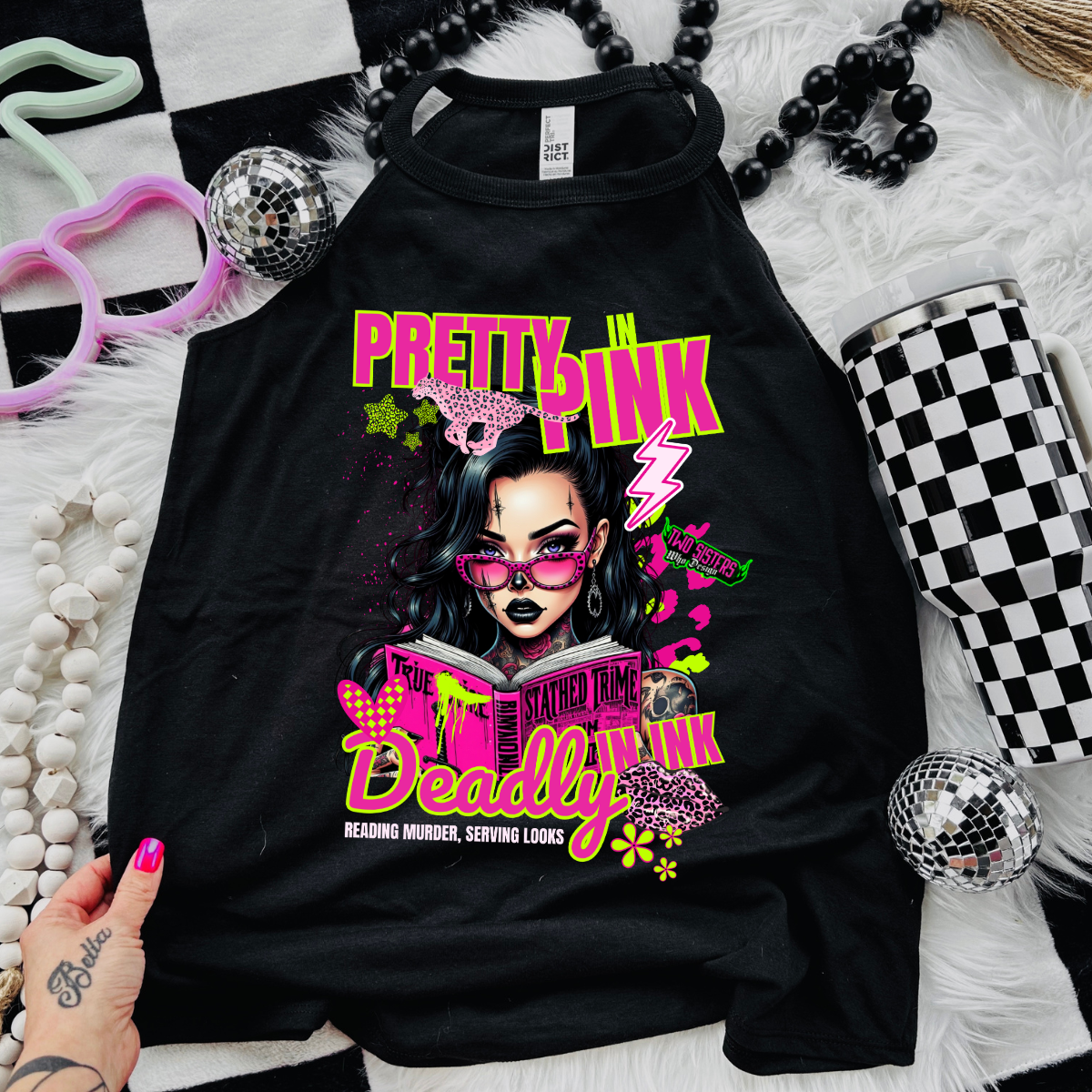*EXCLUSIVE*Pretty in Pink, Deadly in Ink - Reading Murder, Serving Looks - Black Mineral Wash TShirt, Black Rocker Tank, Sweatshirt, Hoodie, or Zip Up Hoodie