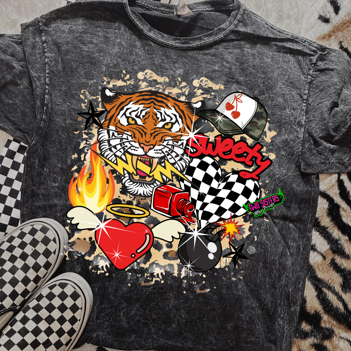 Western Goth Collage with Tiger - Black Mineral Wash TShirt, Black Rocker Tank, Sweatshirt, Hoodie, or Zip Up Hoodie