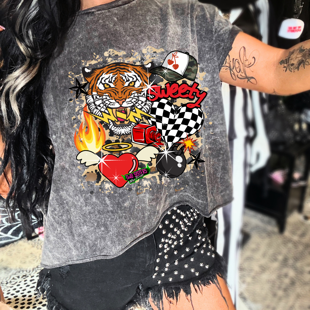 Western Goth Collage with Tiger - Black Mineral Wash TShirt, Black Rocker Tank, Sweatshirt, Hoodie, or Zip Up Hoodie