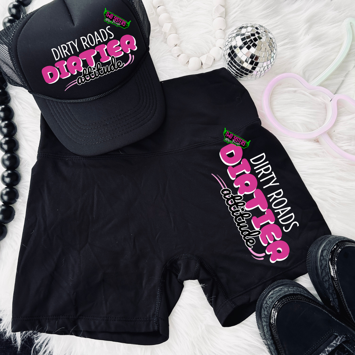 LIMITED EDITION: Piss Off Princess, This Bitch Rides Dirty TShirt + Trucker Hat + Choice of Camo Short or Biker Shorts