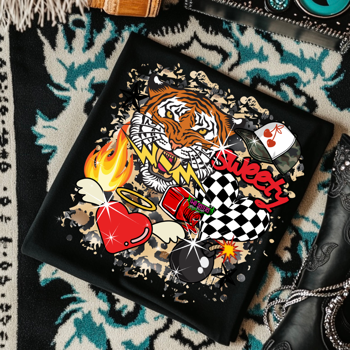 Western Goth Collage with Tiger - Black Mineral Wash TShirt, Black Rocker Tank, Sweatshirt, Hoodie, or Zip Up Hoodie