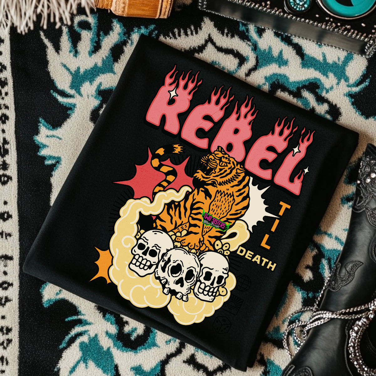 Rebel Collage with Tiger- Black Mineral Wash TShirt, Black Rocker Tank, Sweatshirt, Hoodie, or Zip Up Hoodie