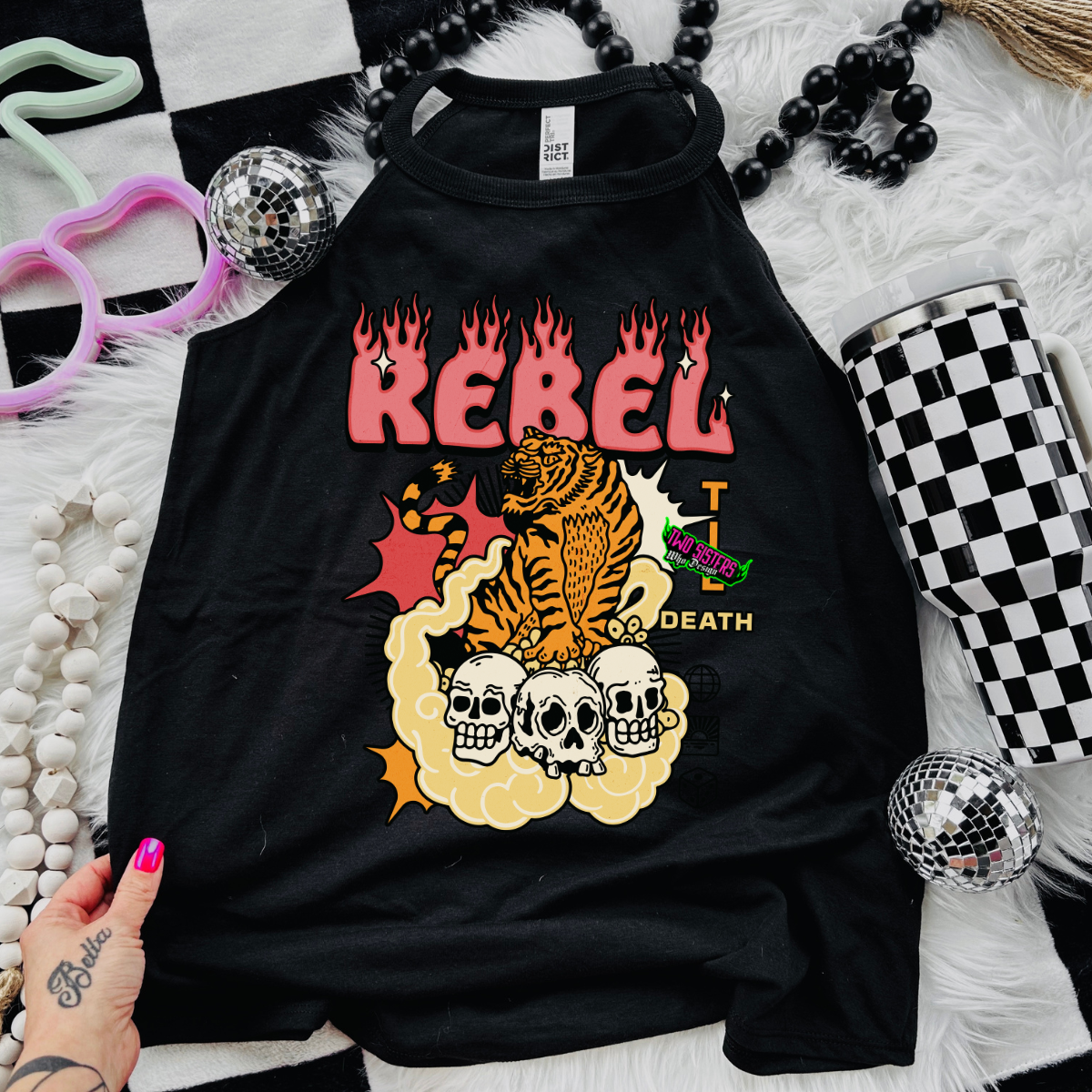 Rebel Collage with Tiger- Black Mineral Wash TShirt, Black Rocker Tank, Sweatshirt, Hoodie, or Zip Up Hoodie