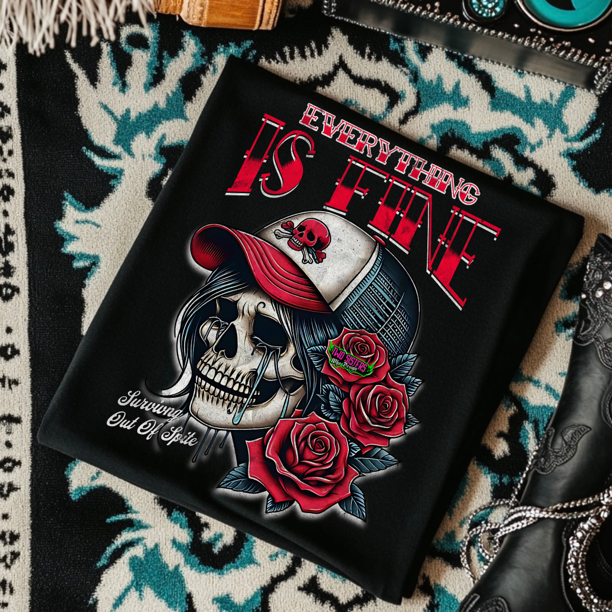 Everything is Fine: Surviving Out of Spite (NEW) - Black Mineral Wash TShirt, Black Rocker Tank, Sweatshirt, Hoodie, or Zip Up Hoodie