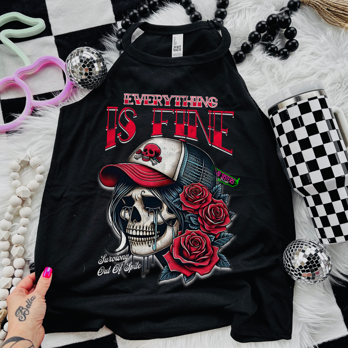 Everything is Fine: Surviving Out of Spite (NEW) - Black Mineral Wash TShirt, Black Rocker Tank, Sweatshirt, Hoodie, or Zip Up Hoodie