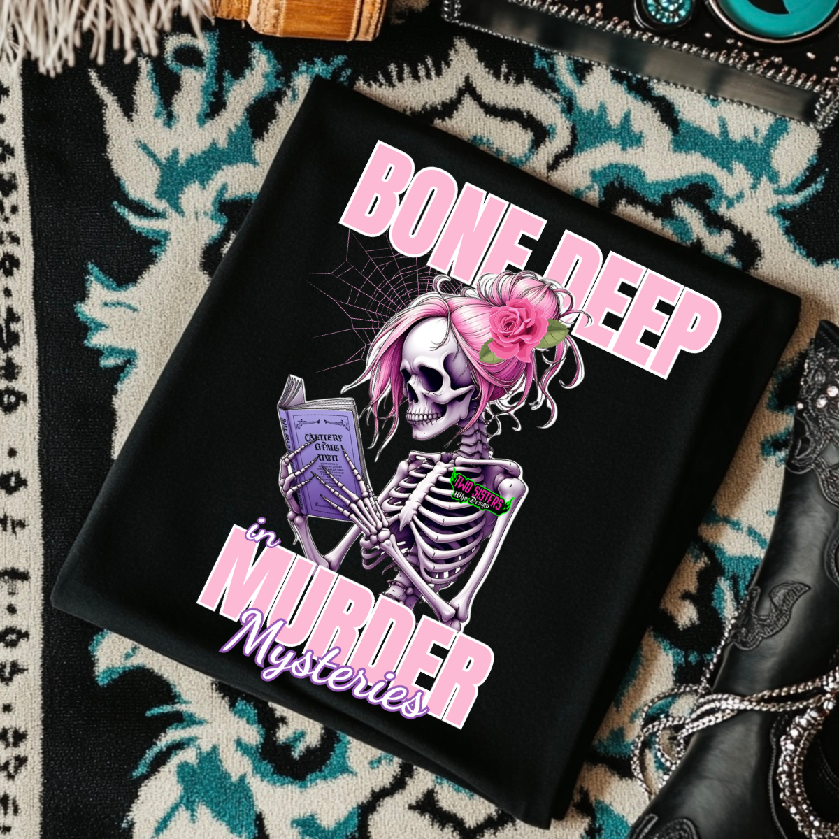 *EXCLUSIVE*Bone Deep in Murder Mysteries - Black Mineral Wash TShirt, Black Rocker Tank, Sweatshirt, Hoodie, or Zip Up Hoodie