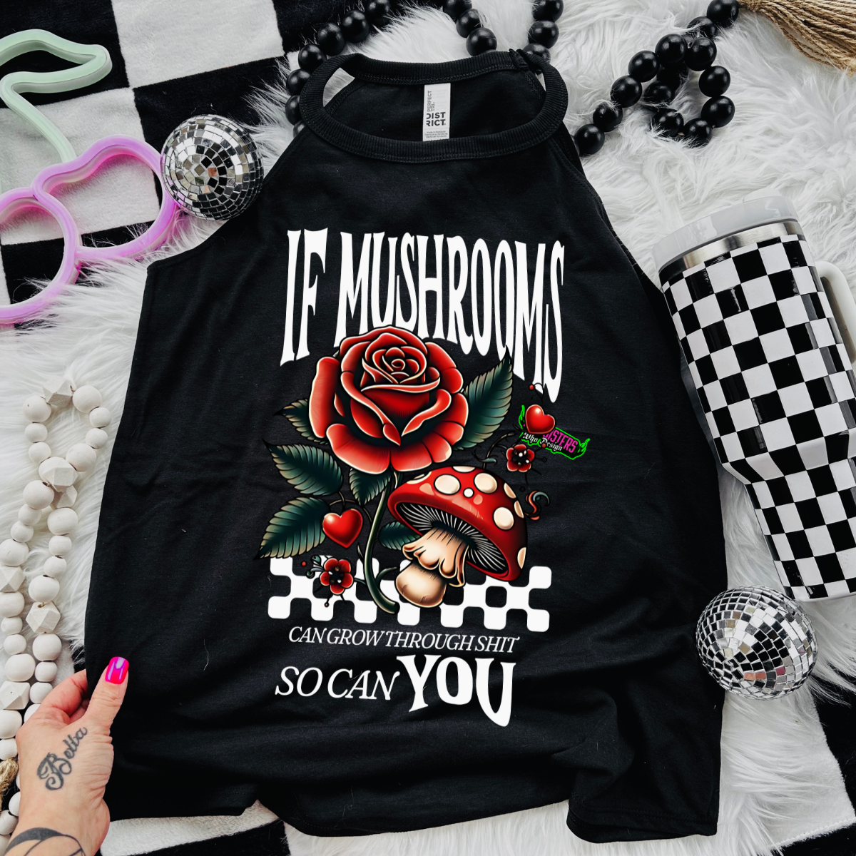 If Mushrooms Can Grow Through Shit, So Can You - Black Mineral Wash TShirt, Black Rocker Tank, Sweatshirt, Hoodie, or Zip Up Hoodie