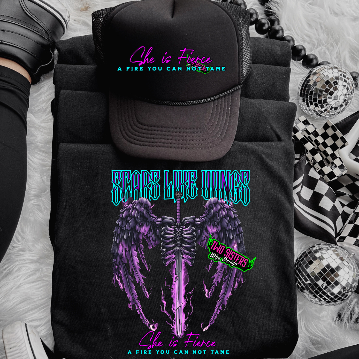 *EXCLUSIVE*Scars Like Wings, She is Fierce + FREE Trucker Hat- Black Mineral Wash TShirt, Black Rocker Tank, Sweatshirt, Hoodie, or Zip Up Hoodie