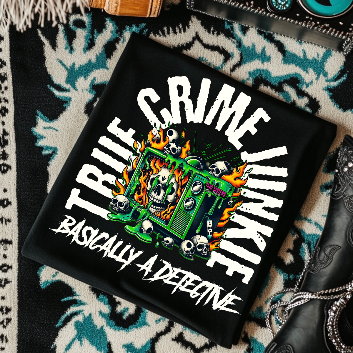 True Crime Junkie, Basically a Detective - Black Mineral Wash TShirt, Black Rocker Tank, Sweatshirt, Hoodie, or Zip Up Hoodie