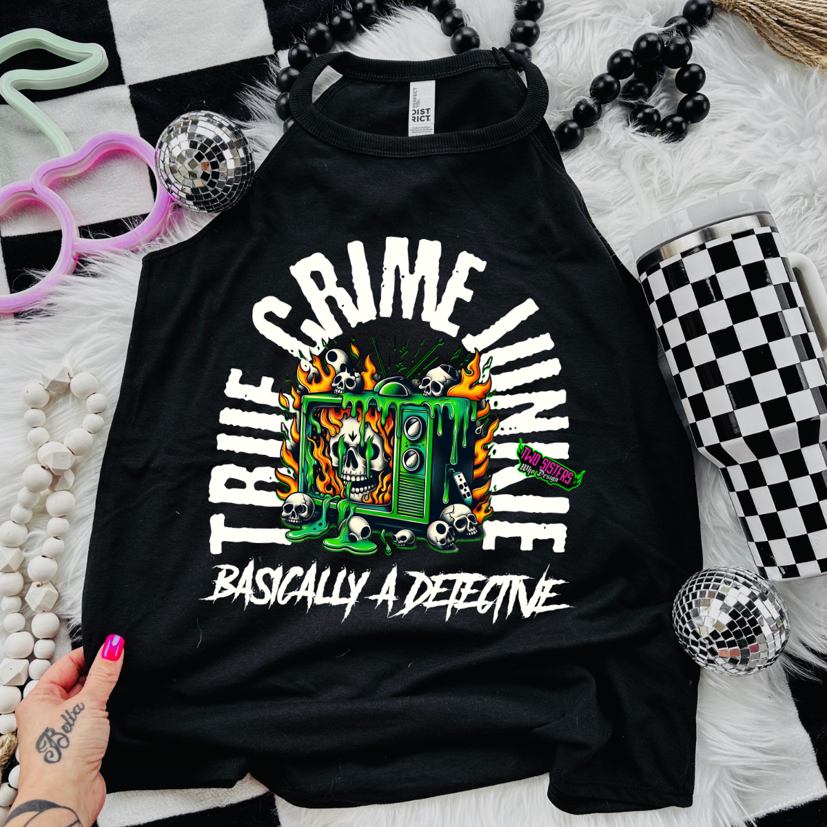 True Crime Junkie, Basically a Detective - Black Mineral Wash TShirt, Black Rocker Tank, Sweatshirt, Hoodie, or Zip Up Hoodie