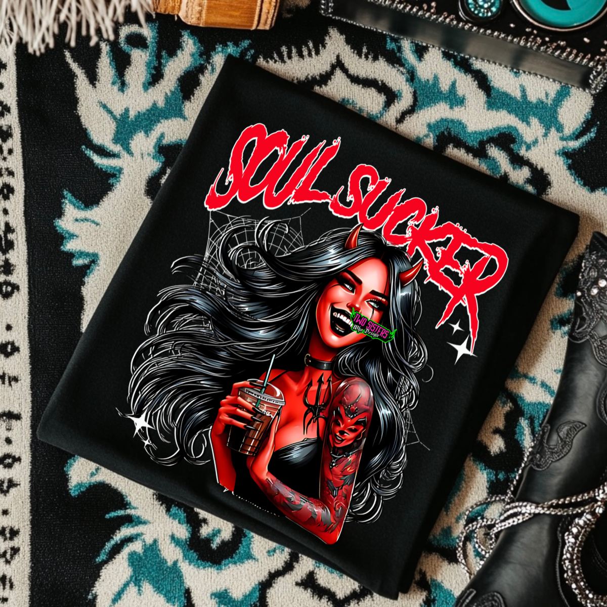 Soul Sucker Woman with Horns - Black Mineral Wash TShirt, Black Rocker Tank, Sweatshirt, Hoodie, or Zip Up Hoodie