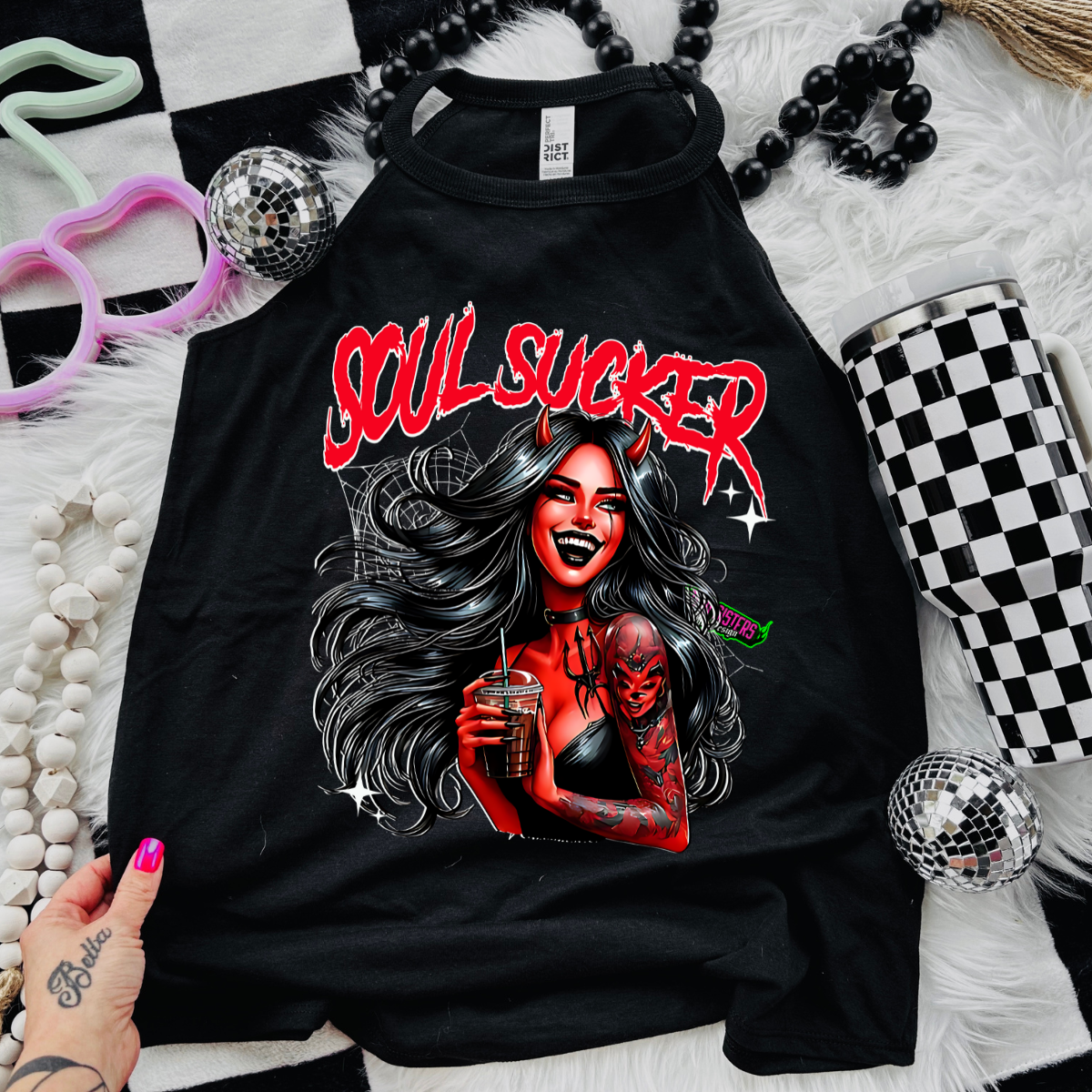 Soul Sucker Woman with Horns - Black Mineral Wash TShirt, Black Rocker Tank, Sweatshirt, Hoodie, or Zip Up Hoodie