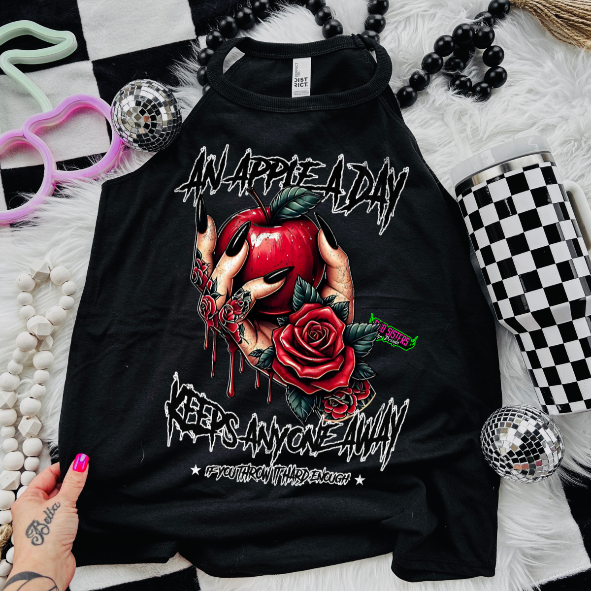 An Apple A Day Keeps Anyone Away - Black Mineral Wash TShirt, Black Rocker Tank, Sweatshirt, Hoodie, or Zip Up Hoodie