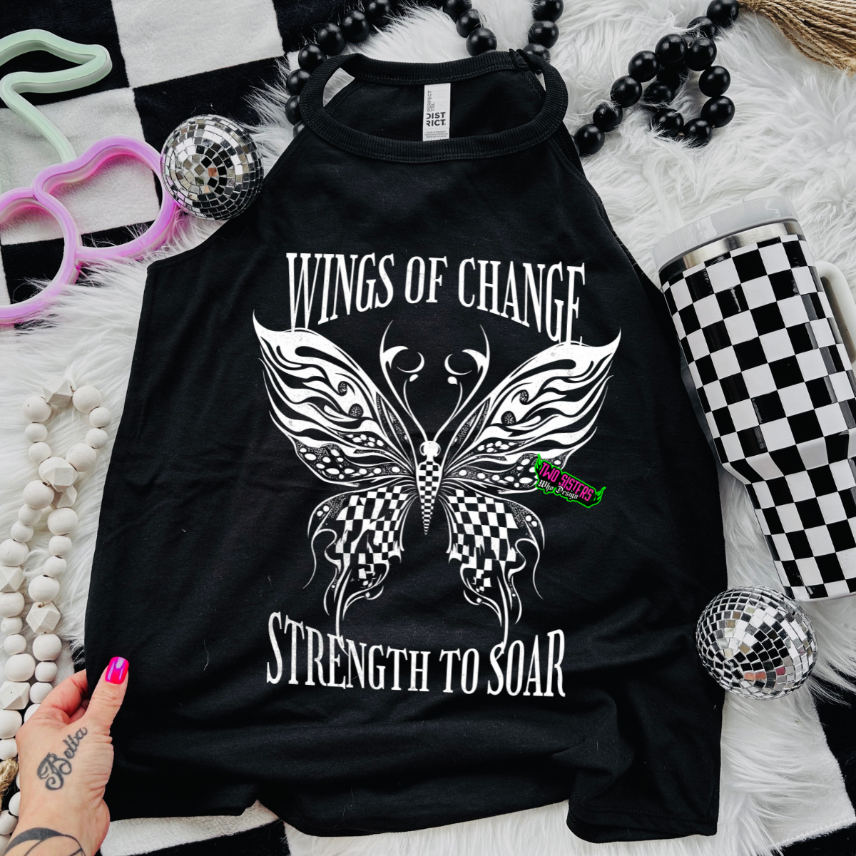Wings of Change, Strength to Soar - Black Mineral Wash TShirt, Black Rocker Tank, Sweatshirt, Hoodie, or Zip Up Hoodie