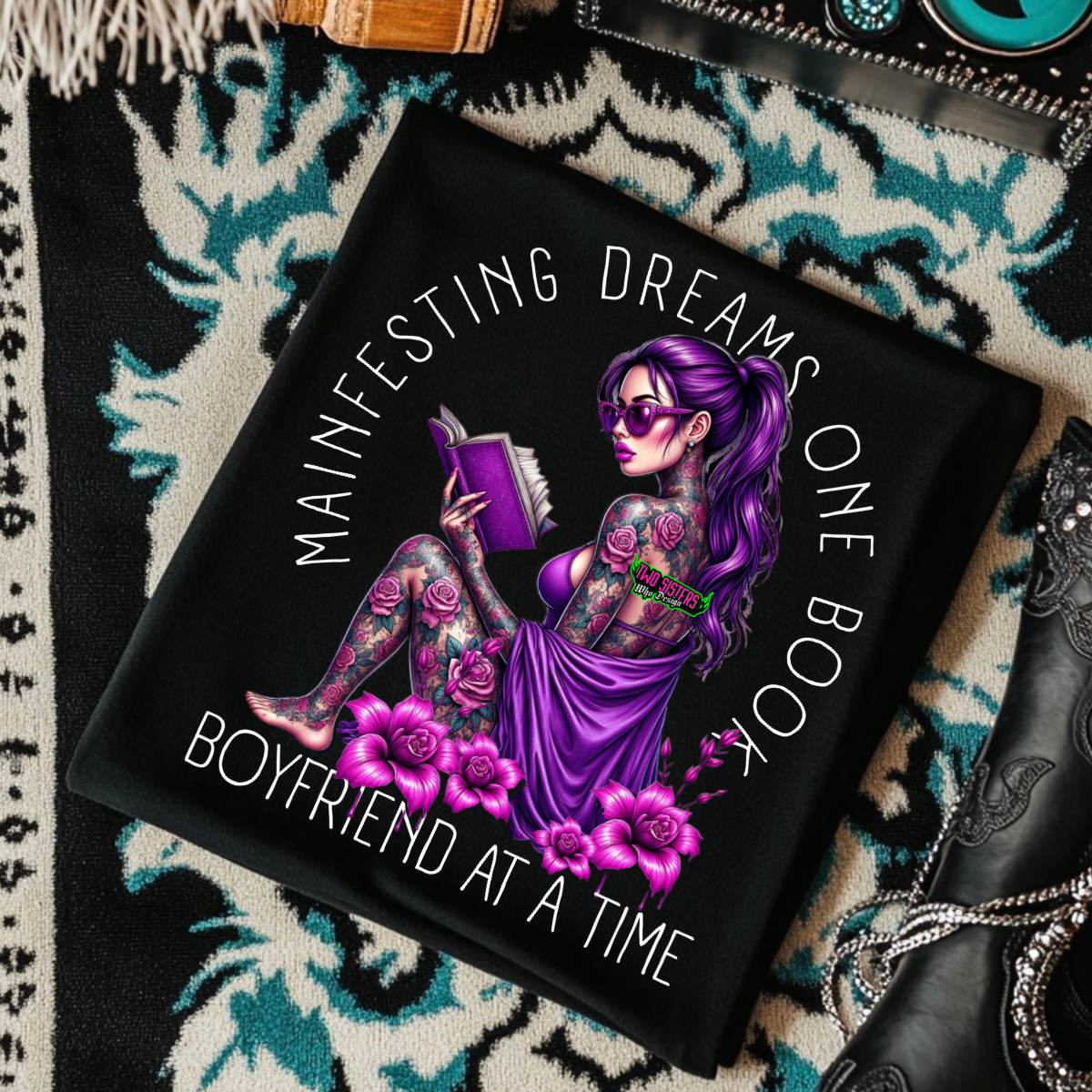 ***EXCLUSIVE*Manifesting One Book Boyfriend at a Time - Black Mineral Wash TShirt, Black Rocker Tank, Sweatshirt, Hoodie, or Zip Up Hoodie