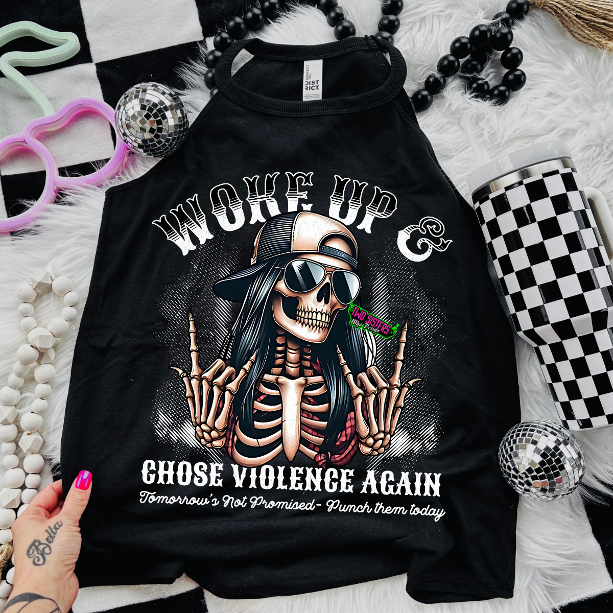 Woke Up and Chose Violence Again - Black Mineral Wash TShirt, Black Rocker Tank, Sweatshirt, Hoodie, or Zip Up Hoodie