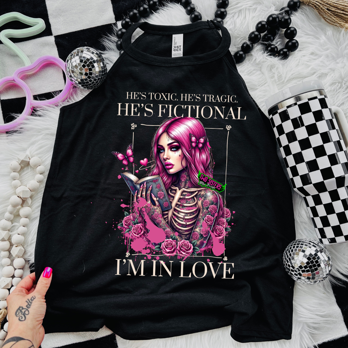 *EXCLUSIVE*He's Toxic. He's Tragic. He's Fictional. I'm In Love - Black Mineral Wash TShirt, Black Rocker Tank, Sweatshirt, Hoodie, or Zip Up Hoodie