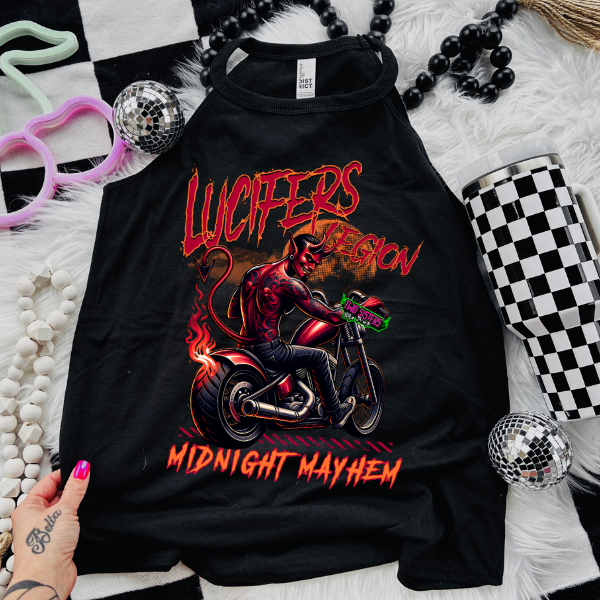 Lucifer's Legion, Midnight Mayhem - Black Mineral Wash TShirt, Black Rocker Tank, Sweatshirt, Hoodie, or Zip Up Hoodie