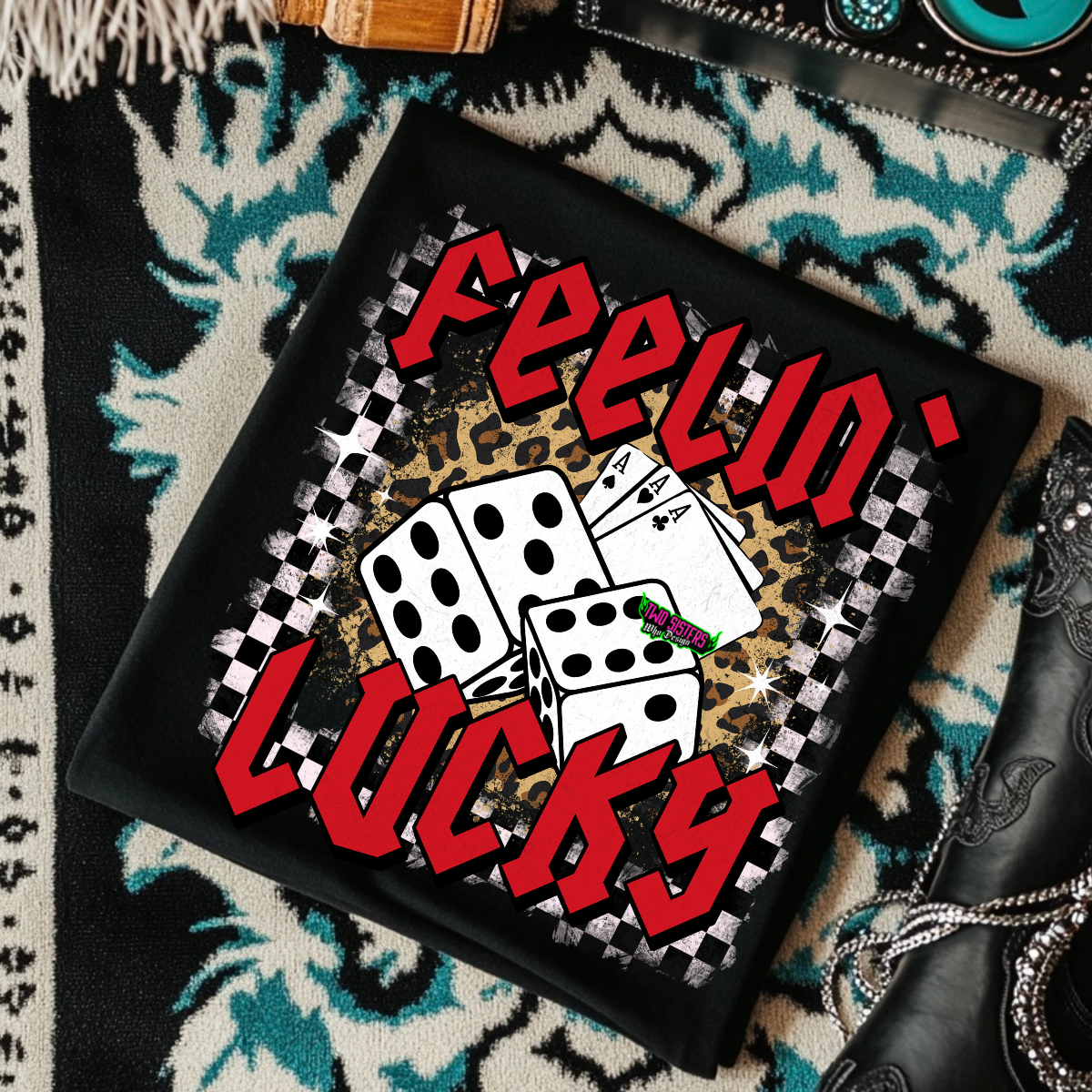 Feeling Lucky with Dice & Leopard Print - Black Mineral Wash TShirt, Black Rocker Tank, Sweatshirt, Hoodie, or Zip Up Hoodie