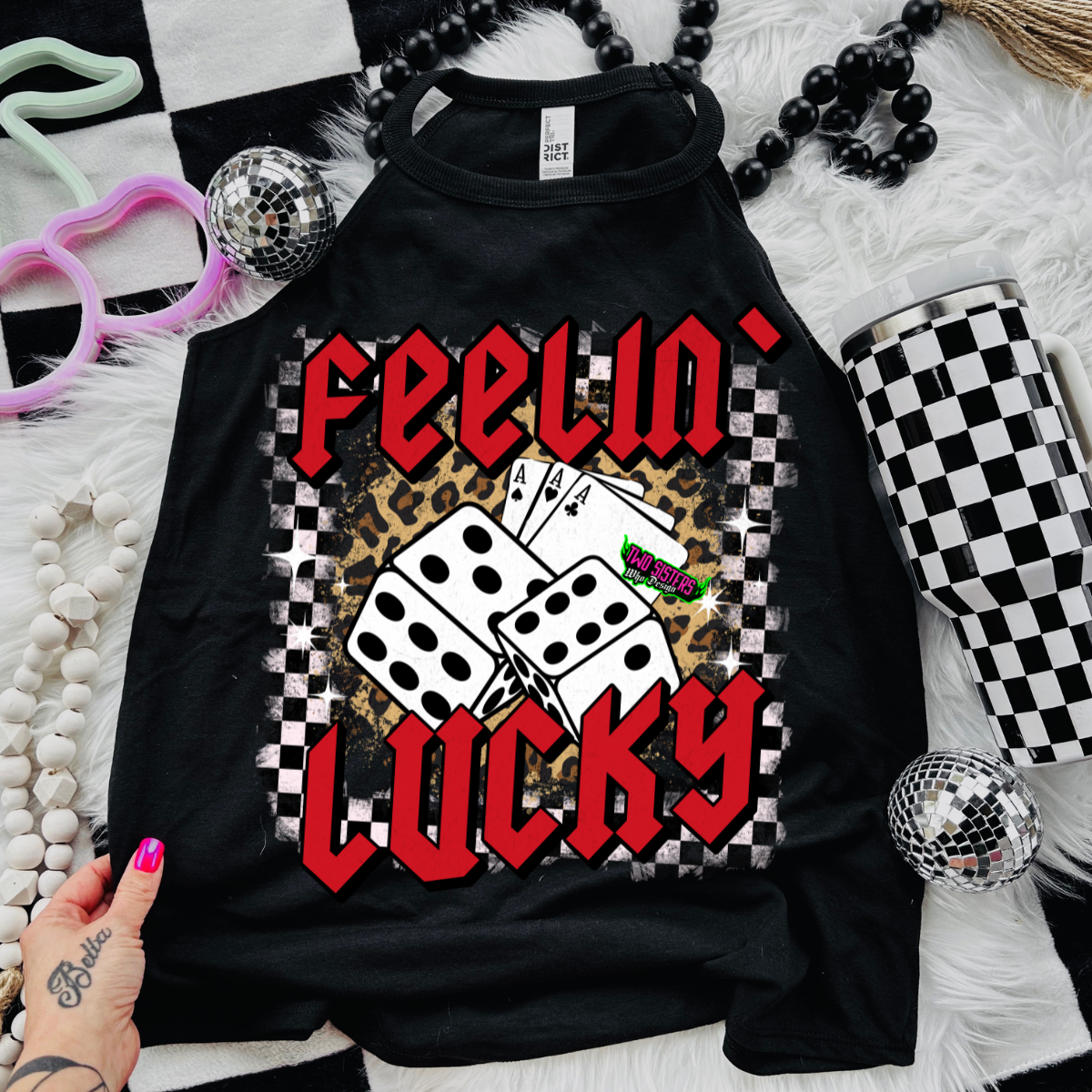 Feeling Lucky with Dice & Leopard Print - Black Mineral Wash TShirt, Black Rocker Tank, Sweatshirt, Hoodie, or Zip Up Hoodie