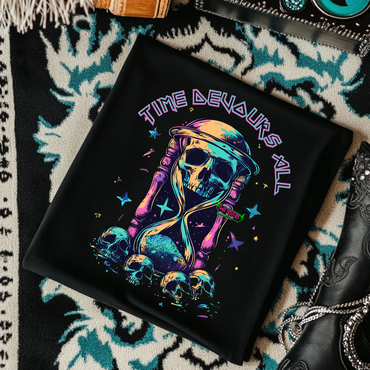 Time Devours It All - Black Mineral Wash TShirt, Black Rocker Tank, Sweatshirt, Hoodie, or Zip Up Hoodie