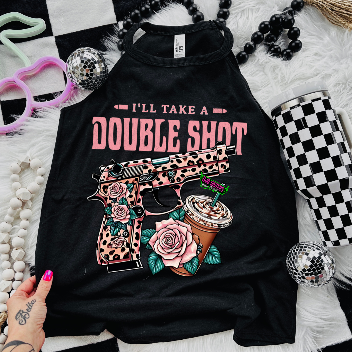 I'll Take A Double Shot - Black Mineral Wash TShirt, Black Rocker Tank, Sweatshirt, Hoodie, or Zip Up Hoodie