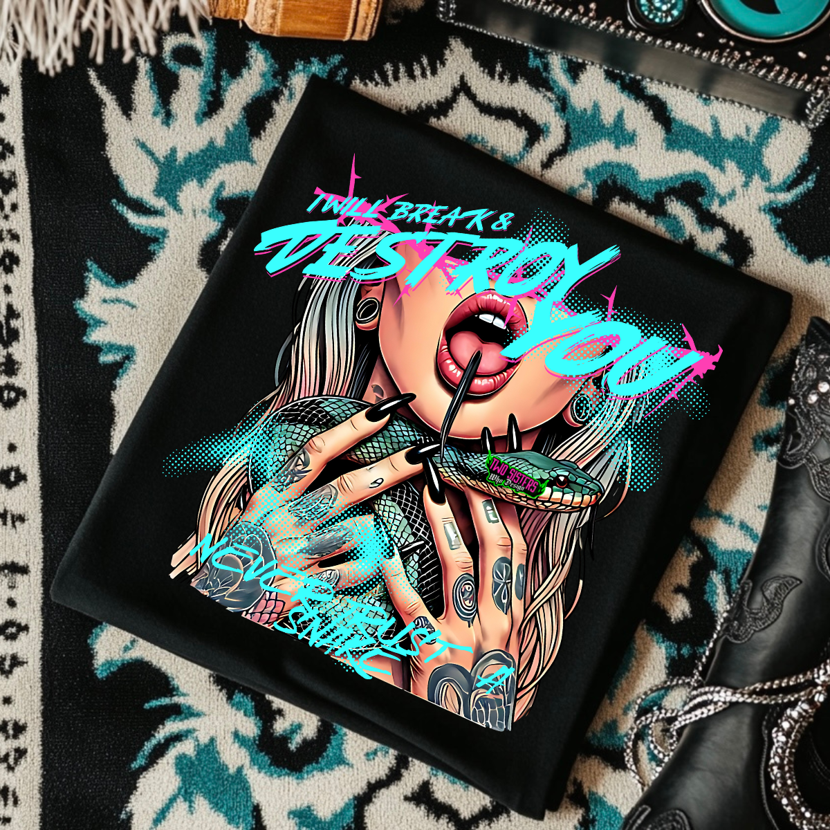 *EXCLUSIVE*I'll Break and Destroy You, Never Trust a Snake - Black Mineral Wash TShirt, Black Rocker Tank, Sweatshirt, Hoodie, or Zip Up Hoodie