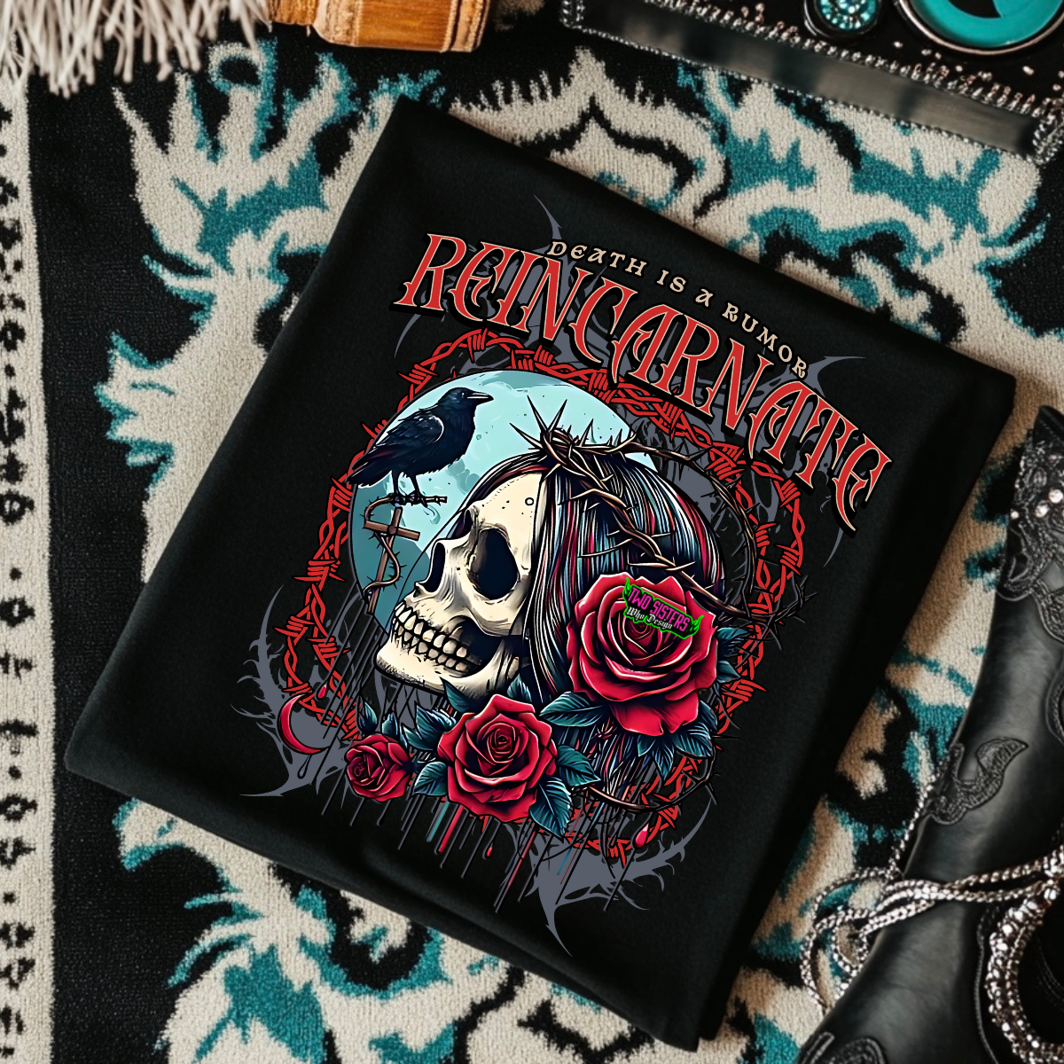 Death is A Rumor, Reincarnate - Black Mineral Wash TShirt, Black Rocker Tank, Sweatshirt, Hoodie, or Zip Up Hoodie