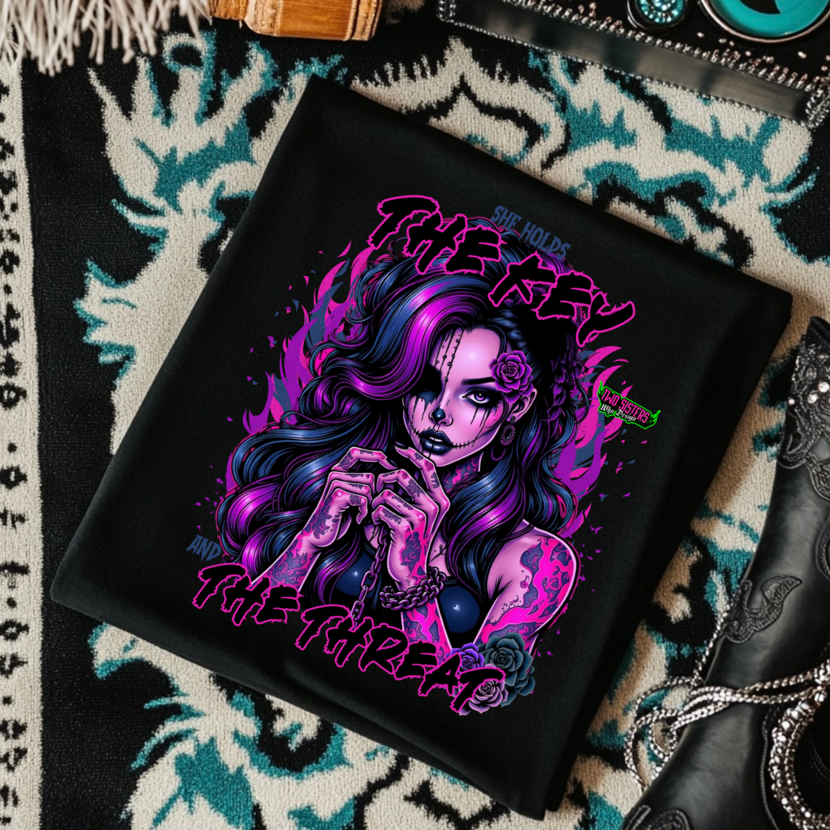 *EXCLUSIVE*She Holds the Key and The Threat - Black Mineral Wash TShirt, Black Rocker Tank, Sweatshirt, Hoodie, or Zip Up Hoodie