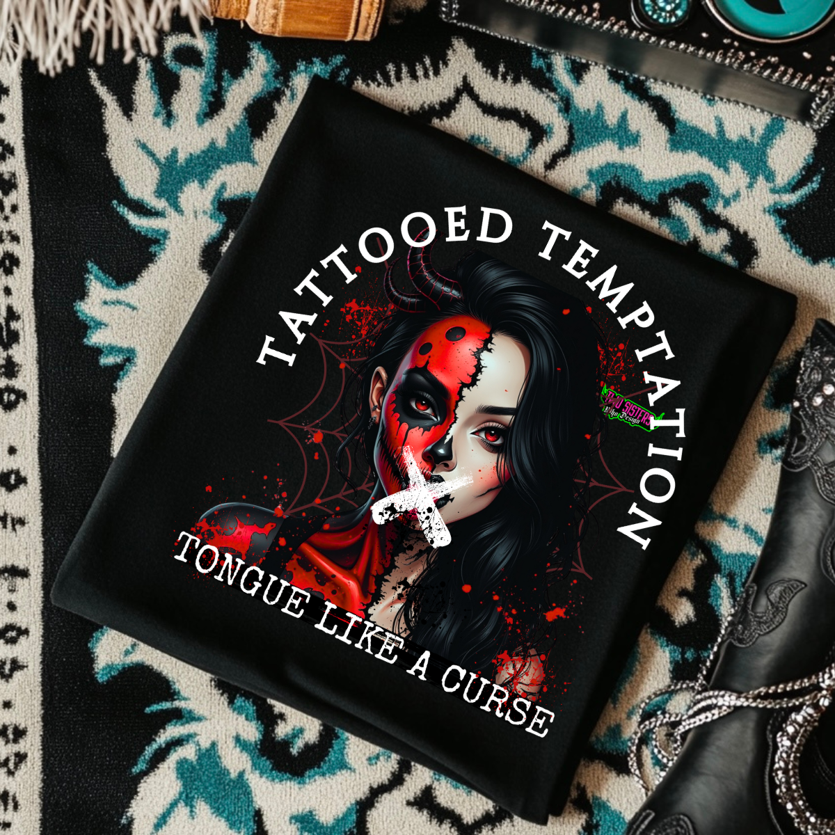 *EXCLUSIVE*Tattooed Woman, Tongue Like a Curse - Black Mineral Wash TShirt, Black Rocker Tank, Sweatshirt, Hoodie, or Zip Up Hoodie