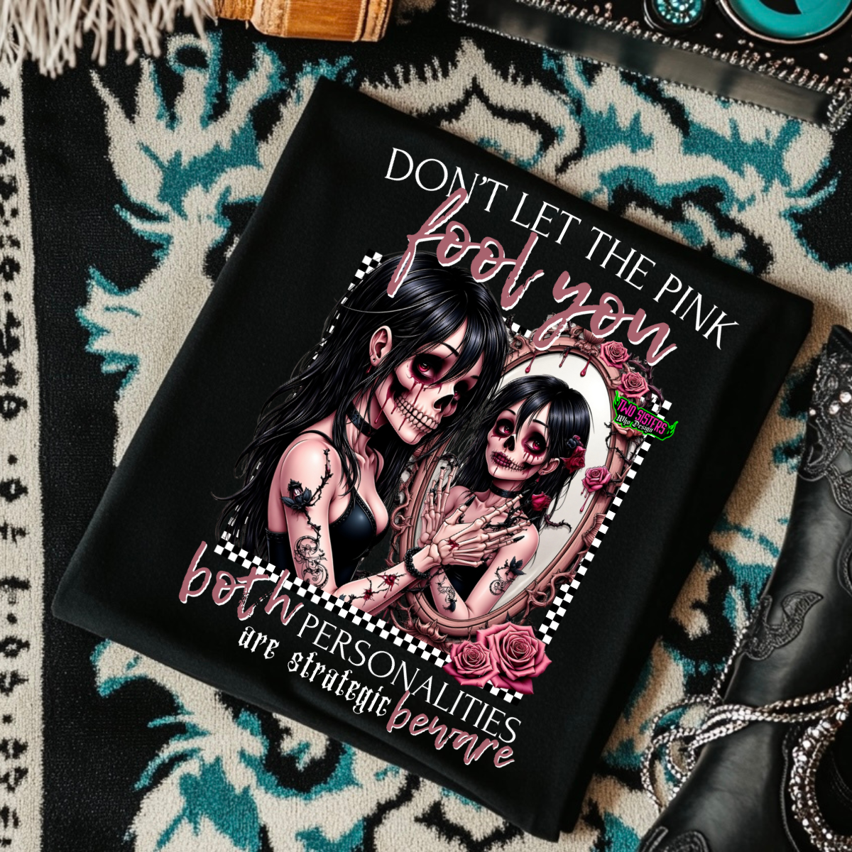 *EXCLUSIVE*Don't Let the Pink Fool You, Both Personalities are Strategic: Beware - Black Mineral Wash TShirt, Black Rocker Tank, Sweatshirt, Hoodie, or Zip Up Hoodie