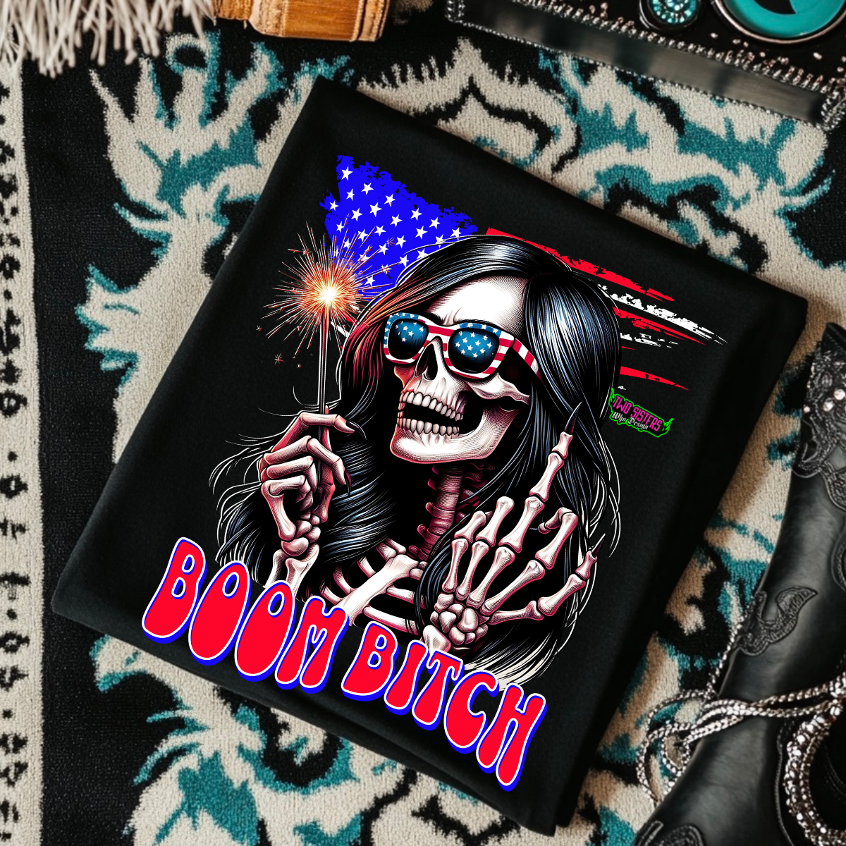 BOOM BITCH - Black Mineral Wash TShirt, Black Rocker Tank, Sweatshirt, Hoodie, or Zip Up Hoodie