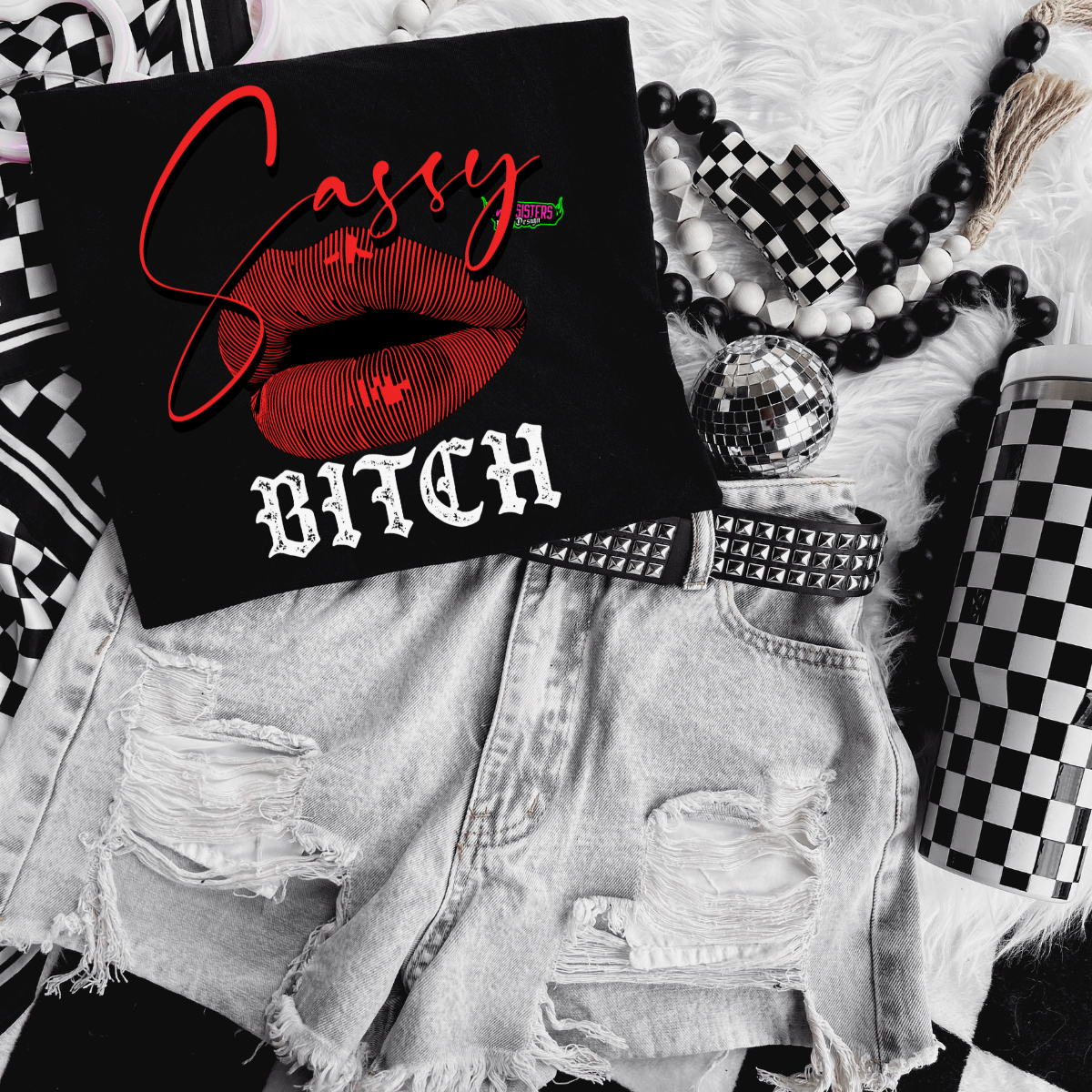 SASSY BITCH (LIPS) - Black Mineral Wash TShirt, Black Rocker Tank, Sweatshirt, Hoodie, or Zip Up Hoodie
