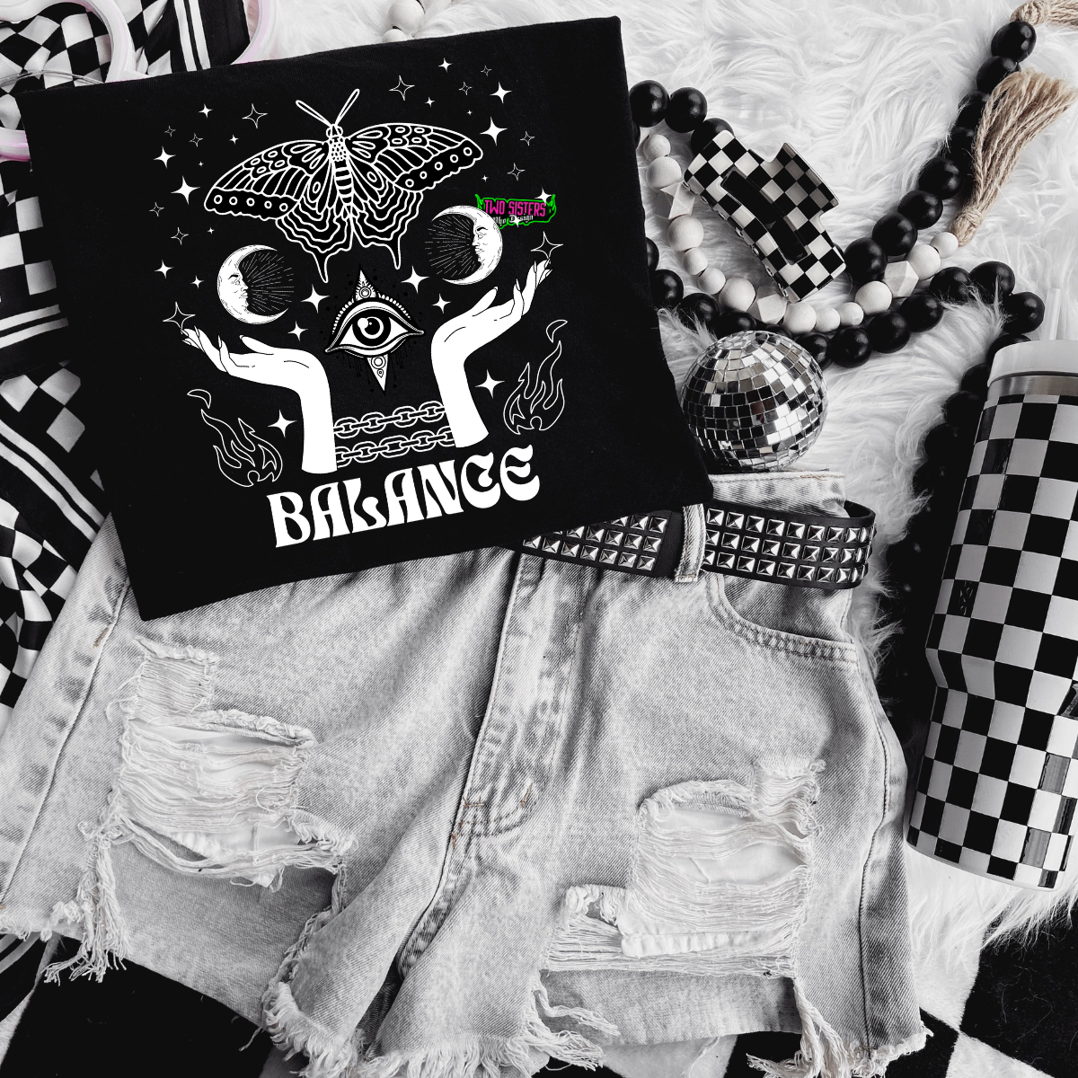 BALANCE (CELESTIAL)- Black Mineral Wash TShirt, Black Rocker Tank, Sweatshirt, Hoodie, or Zip Up Hoodie