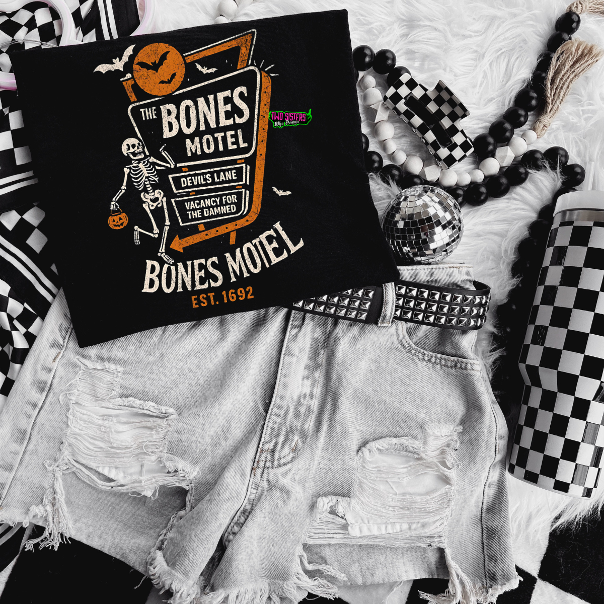 BONES MOTEL - Black Mineral Wash TShirt, Black Rocker Tank, Sweatshirt, Hoodie, or Zip Up Hoodie