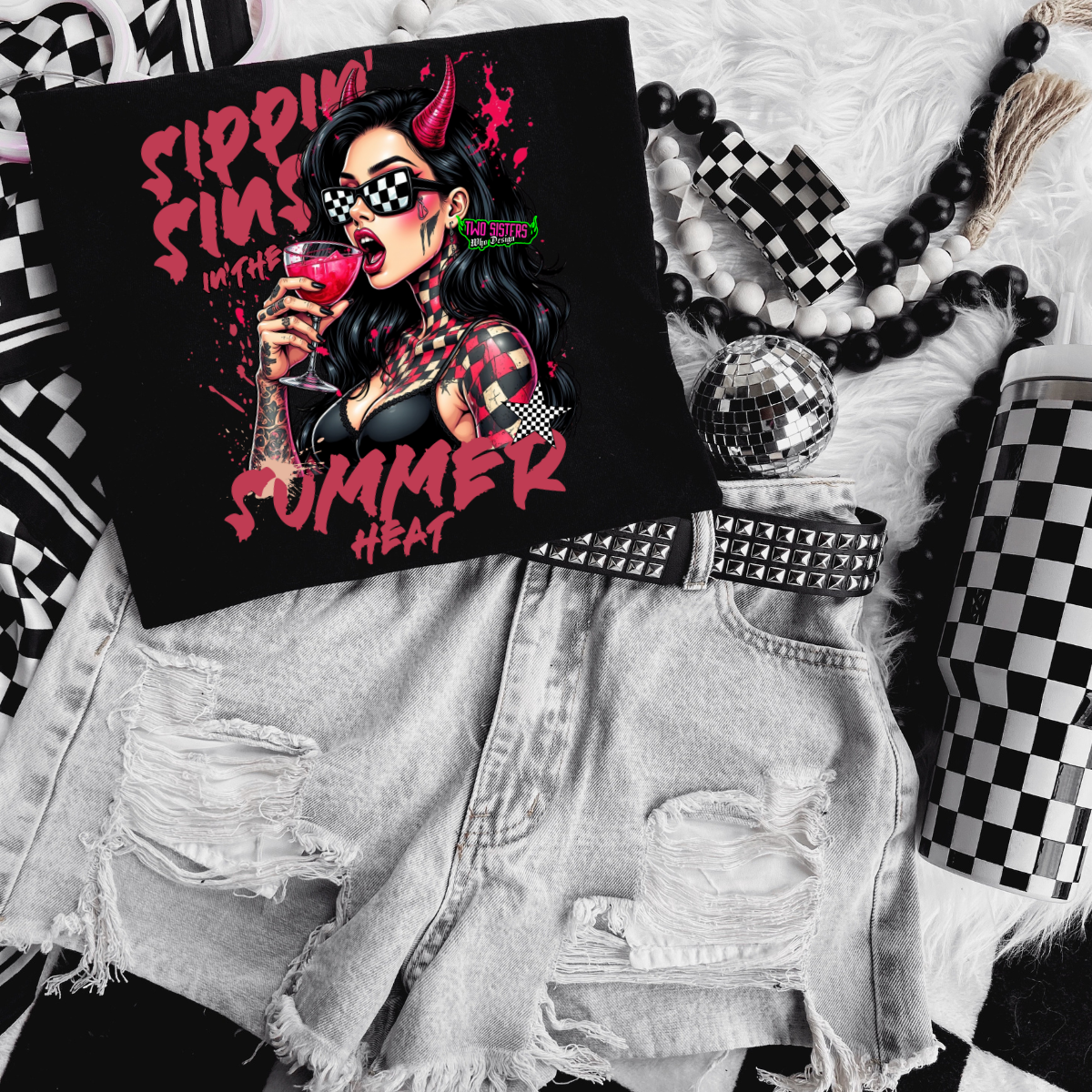 *EXCLUSIVE* Sipping Sins in the Summer Heat- Black Mineral Wash TShirt, Black Rocker Tank, Sweatshirt, Hoodie, or Zip Up Hoodie