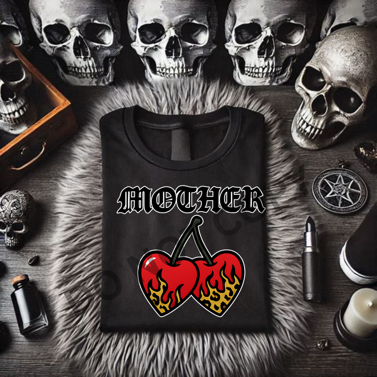 MOTHER WITH CHEETAH HEART CHERRIES - Black Mineral Wash TShirt, Black Rocker Tank, Sweatshirt, Hoodie, or Zip Up Hoodie