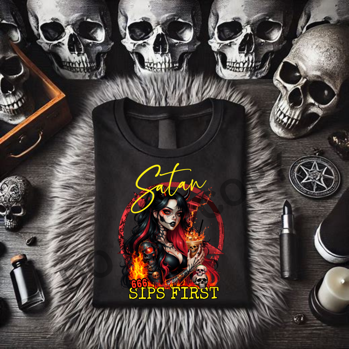 *EXCLUSIVE* SATAN SIPS FIRST. - Black Mineral Wash TShirt, Black Rocker Tank, Sweatshirt, Hoodie, or Zip Up Hoodie
