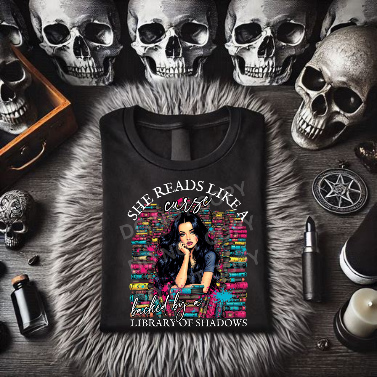 *EXCLUSIVE*She Reads like a Curse Backed By a Library of Shadows - Black Mineral Wash TShirt, Black Rocker Tank, Sweatshirt, Hoodie, or Zip Up Hoodie