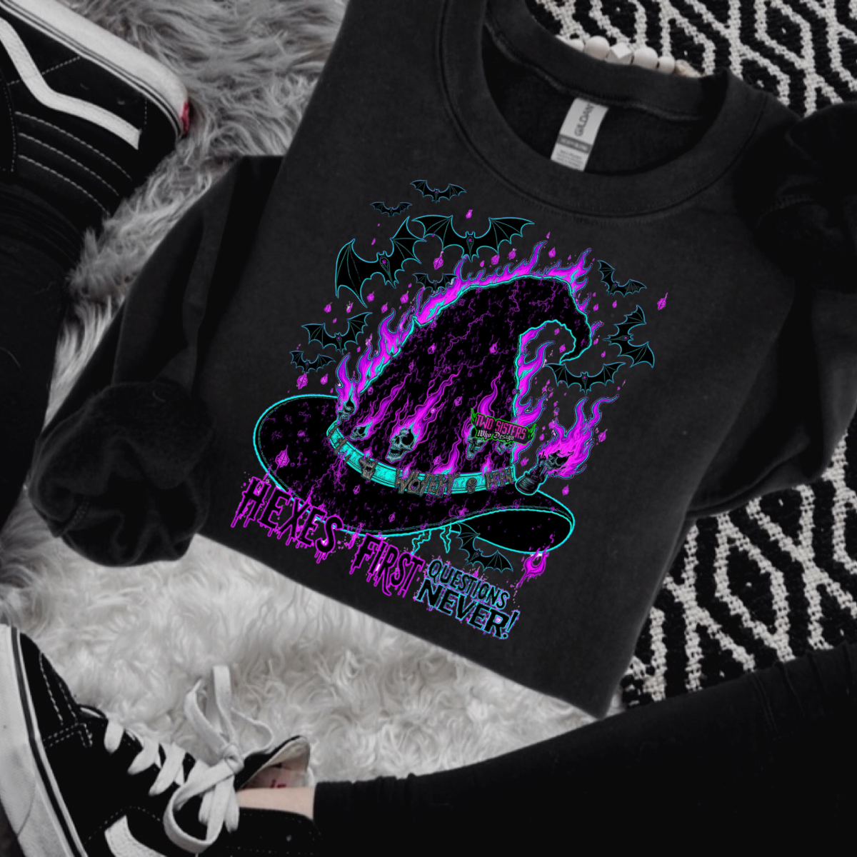 *EXCLUSIVE*HEXES FIRST QUESTIONS NEVER Black Mineral Wash TShirt, Black Rocker Tank, Sweatshirt, Hoodie, or Zip Up Hoodie