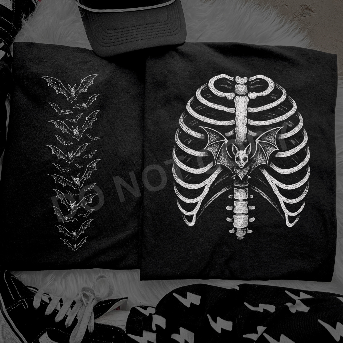 Rib Cage with Bat on Sternum All White Edgy Black TShirt, Sweatshirt or Hoodie