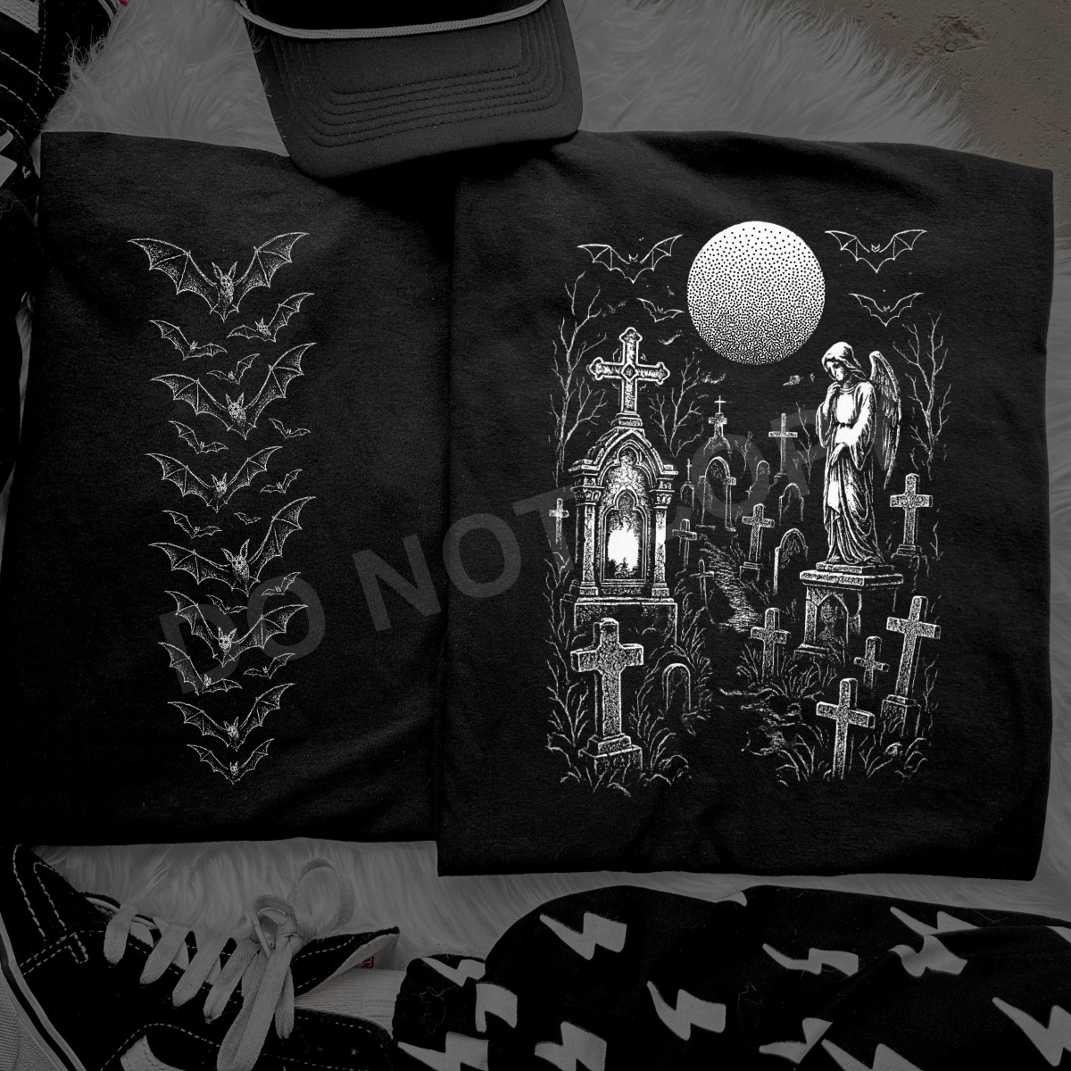 Cemetary with Moon Edgy Black TShirt, Sweatshirt or Hoodie