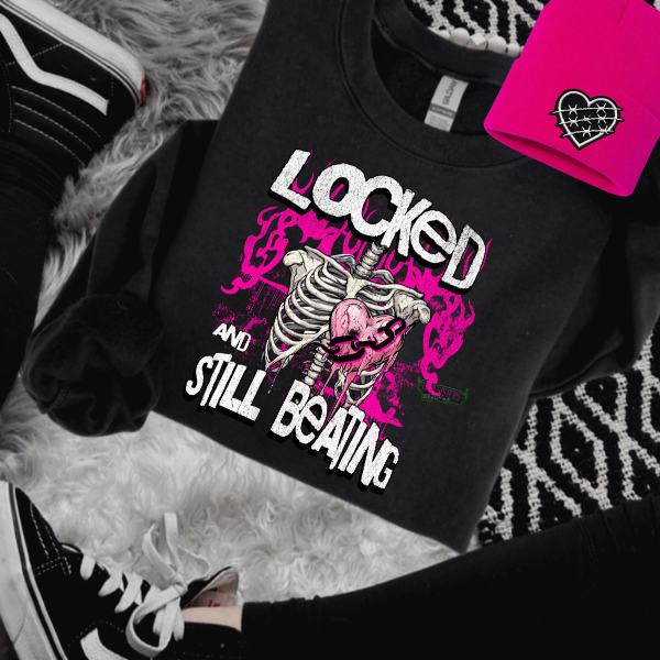 Locked & Still Beating Black T-Shirt, Sweatshirt, or Hoodie + Hot Pink Beanie with Thorned Heart Faux Patch