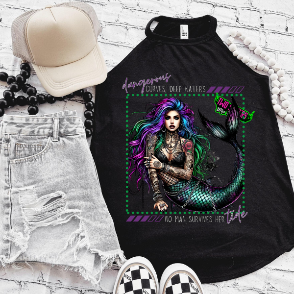 *EXCLUSIVE*Dangerous Curves, Deep Waters, No Man Survives Her Tide Rocker Tank or Black TShirt