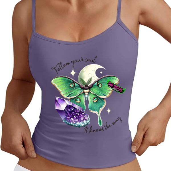 "Follow Your Soul, It Knows The Way" Crystals & Butterflies Purple Spaghetti Strap Tank Top + Purple Gingham Plaid Shorts - Matching Set - Add Notes For Different Size Top & Bottom